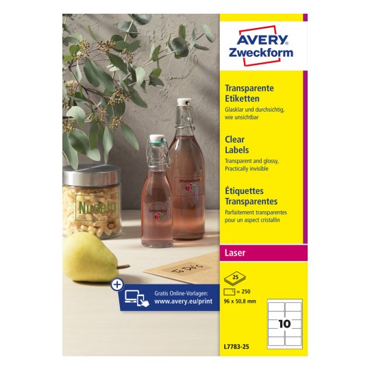 Opakowanie: Avery Zweckform Przezroczyste Etykiety, Artykuł: L7783-25, Format: 96 x 50,8 mm, Zdatność do druku: Laser czarno/biały, kolorowy laser, Zawartość: 250 etykiet / 25 arkuszy, 10 etykiet/arkusz.