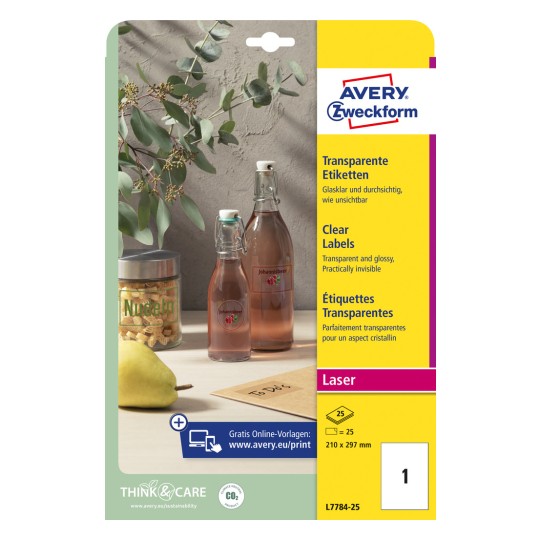 Opakowanie: Avery Zweckform przezroczyste etykiety, artykuł: L7784-25, format: 210 x 297 mm, przeznaczone do drukarek: laser cz-b, laser kolorowy, zawartość: 25 etykiet / 25 arkuszy, 1 etykieta/arkusz.