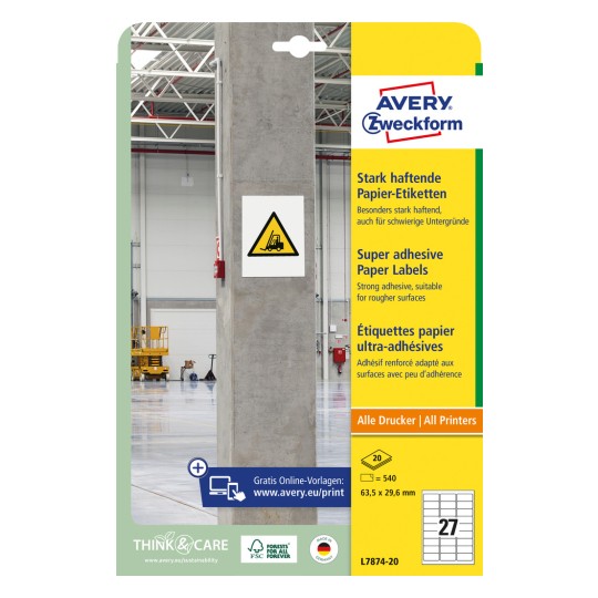 Ilustracja opakowania: Avery Zweckform Mocno przylegające etykiety papierowe, Produkt: L7874-20, Format: 63,5 x 29,6 mm, Nadaje się do druku: Inkjet, Laser czarno-biały, Laser kolorowy, Zawartość: 540 etykiet / 20 arkuszy, 27 etykiet/arkusz.