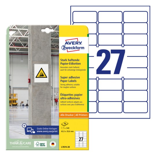 Opakowanie z arkuszem etykiet: Mocno przylegające etykiety papierowe Avery Zweckform, artykuł: L7874-20, format: 63,5 x 29,6 mm, odpowiednie do drukarek: atramentowych, laserowych cz.-b., kolorowych laserowych, zawartość: 540 etykiet / 20 arkuszy, 27 etykiet/arkusz.