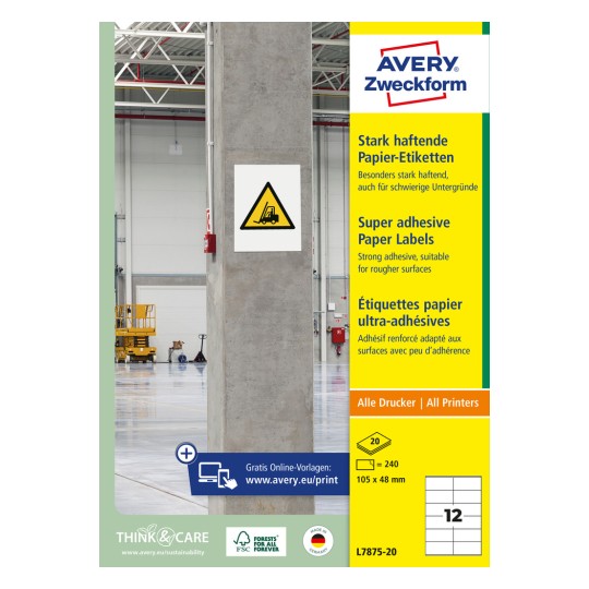 Opakowanie: Avery Zweckform Silnie przywierające etykiety papierowe, Artykuł: L7875-20, Format: 105 x 48 mm, Do drukarek: Inkjet, Laser czarno-biały, Laser kolorowy, Zawartość: 240 etykiet / 20 arkuszy, 12 etykiet/arkusz.