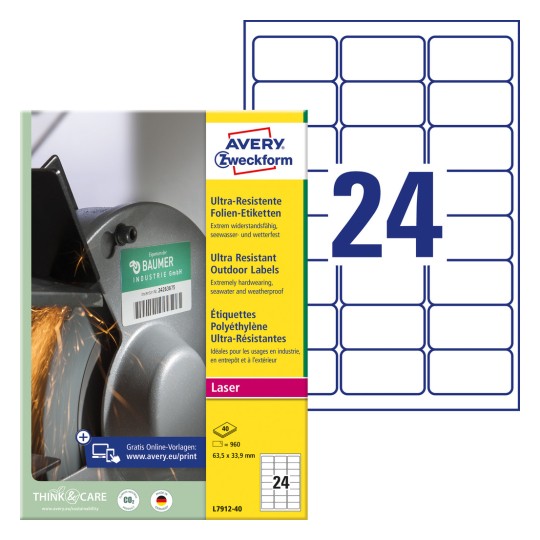 Opakowanie z arkuszem etykiet: Avery Zweckform Ultra-Resistente Folien-Etiketten, artykuł: L7912-40, format: 63,5 x 33,9 mm, odpowiednie do druku: laser czarno-biały, laser kolorowy, zawartość: 960 etykiet / 40 arkuszy, 24 etykiety/arkusz.