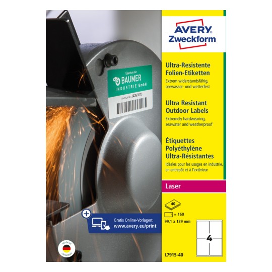 Opakowanie: Avery Zweckform Ultra Odporne Etykiety Zewnętrzne, Artykuł: L7915-40, Format: 99,1 x 139 mm, Przystosowane do druku: laser czarno-biały, kolorowy laser, Zawartość: 160 etykiet / 40 arkuszy, 4 etykiety/arkusz.