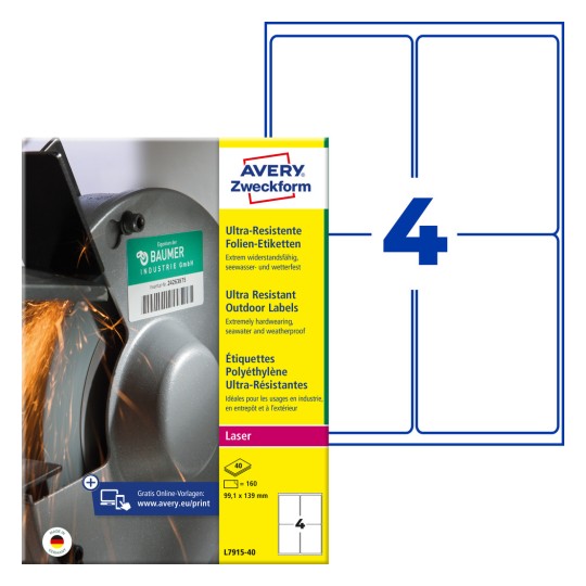 Opakowanie z arkuszem etykiet: Avery Zweckform Ultra-Oporne Etykiety Foliowe, Artykuł: L7915-40, Format: 99,1 x 139 mm, Druk: Laser czarno-biały, laser kolorowy, Zawartość: 160 etykiet / 40 arkuszy, 4 etykiety/arkusz.