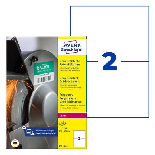 Opakowanie z arkuszem etykiet: Avery Zweckform ultra-odporne etykiety foliowe, artykuł: L7916-40, format: 210 x 148 mm, przeznaczenie do drukarki: laser czarno-biały, laser kolorowy, zawartość: 80 etykiet / 40 arkuszy, 2 etykiety/arkusz.