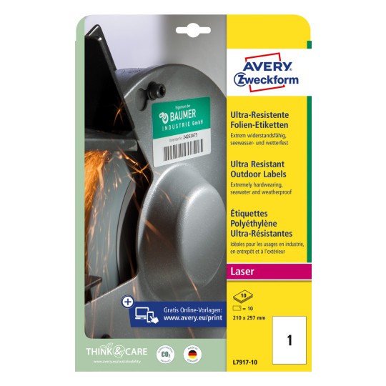 Opakowanie: Avery Zweckform Ultra Odporne Etykiety Outdoor, Artykuł: L7917-10, Format: 210 x 297 mm, Przeznaczenie do druku: laser czarno-biały, kolorowy laser, Zawartość: 10 etykiet / 10 arkuszy, 1 etykieta/arkusz.