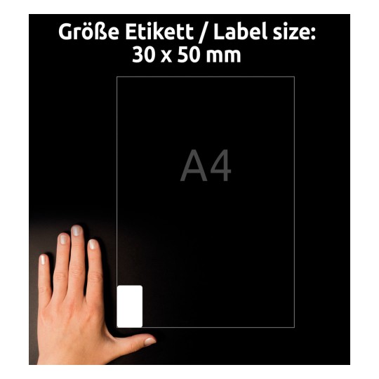 Porównanie wielkości z ręką, artykuł: L7975-25, jeden arkusz etykiet do mrożonek, format: 30 x 50 mm, kolor: biały.
