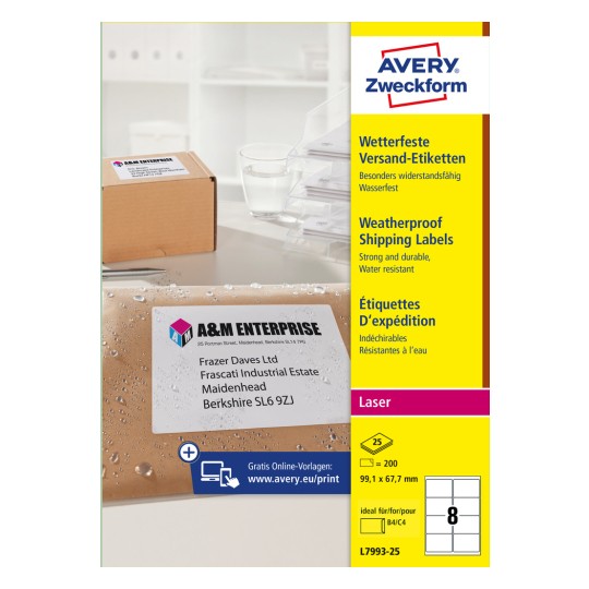 Opakowanie: Avery Zweckform, Etikiety wysyłkowe odporne na warunki atmosferyczne, Artykuł: L7993-25, Format: 99,1 x 67,7 mm, Do druku: laser czarno-biały, laser kolorowy, Zawartość: 200 etykiet / 25 arkuszy, 8 etykiet/arkusz.