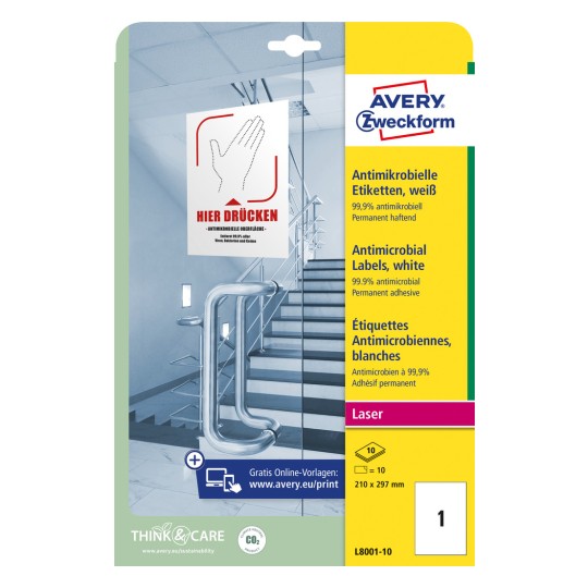 Opakowanie: Antybakteryjne etykiety Avery Zweckform, Artykuł: L8001-10, Format: 210 x 297 mm, Przeznaczenie do druku: Laser czarno-biały, kolorowy laser, Zawartość: 10 etykiet / 10 arkuszy, 1 etykieta/arkusz.