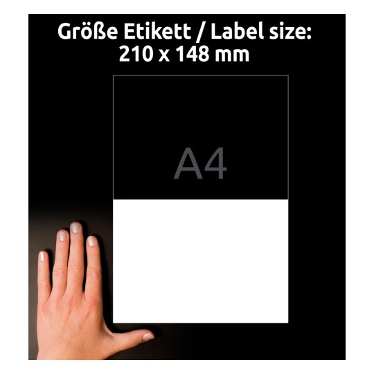 Porównanie wielkości z ręką, artykuł: L8002REV-10, arkusz etykiet antybakteryjnych, odrywany, biały, format: 210 x 148 mm, kolor: biały.