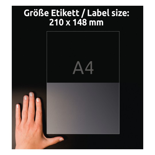 Porównanie wielkości z ręką, Artykuł: L8012-10, jeden arkusz etykiet antybakteryjnych przezroczystych, Format: 210 x 148 mm, Kolor: Przezroczysty.