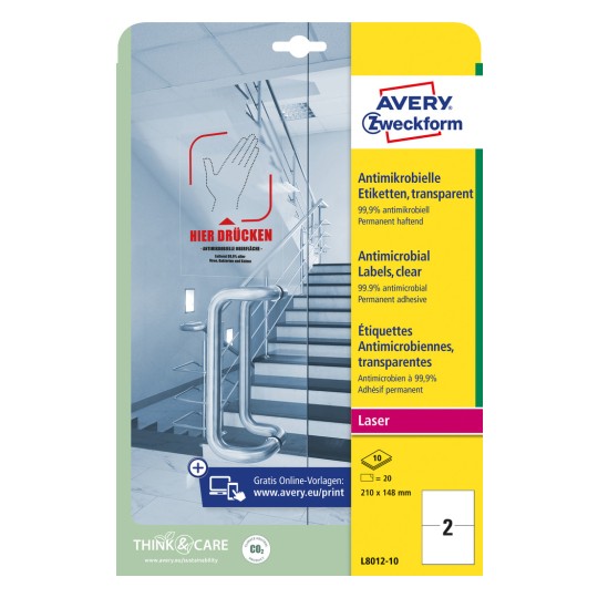 Opakowanie: Avery Zweckform Antymikrobowe Etykiety, Artykuł: L8012-10, Format: 210 x 148 mm, Zastosowanie do drukarki: laser czarno-biały, laser kolorowy, Zawartość: 20 etykiet / 10 arkuszy, 2 etykiety/arkusz.