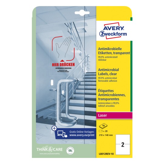Opakowanie: Avery Zweckform Etykiety Antymikrobiologiczne, Artykuł: L8012REV-10, Format: 210 x 148 mm, Zastosowanie drukarek: Laser czarno/biały, Kolorowy laser, Zawartość: 20 etykiet / 10 arkuszy, 2 etykiety/arkusz.