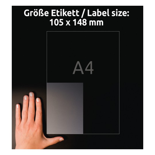 Porównanie wielkości z dłonią, artykuł: L8013REV-10, jeden arkusz etykiet antybakteryjnych, odklejane, przezroczyste, format: 105 x 148 mm, kolor: przezroczysty.