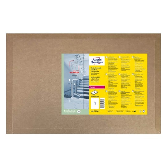 Opakowanie: Avery Zweckform Etykiety antybakteryjne, Artykuł: L8015REV-5, Format: 320 x 450 mm, Zdatność do druku: Laser czarno-biały, Kolorowy laser, Zawartość: 5 etykiet / 5 arkuszy, 1 etykieta/arkusz
