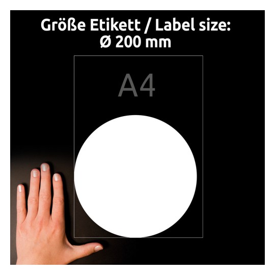 Porównanie wielkości z ręką, artykuł: L9003-10, arkusz etykiet na szkło, format: ⌀ 200 mm, kolor: biały.