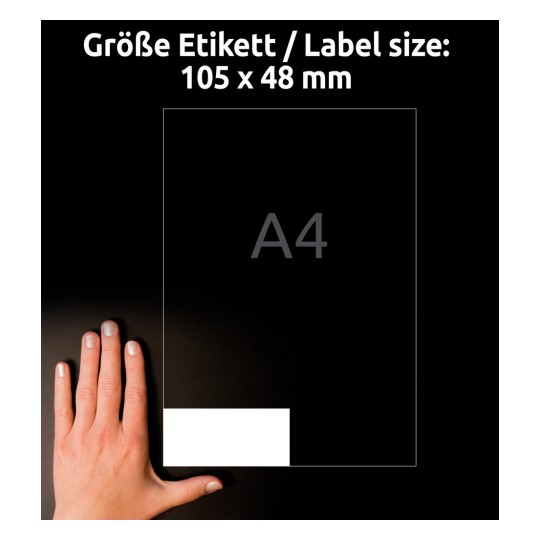 Porównanie rozmiaru z ręką, Artykuł: LR3424-10, arkusz etykiet z recyklingu, Home Office, małe opakowanie, format: 105 x 48 mm, kolor: naturalna biel?