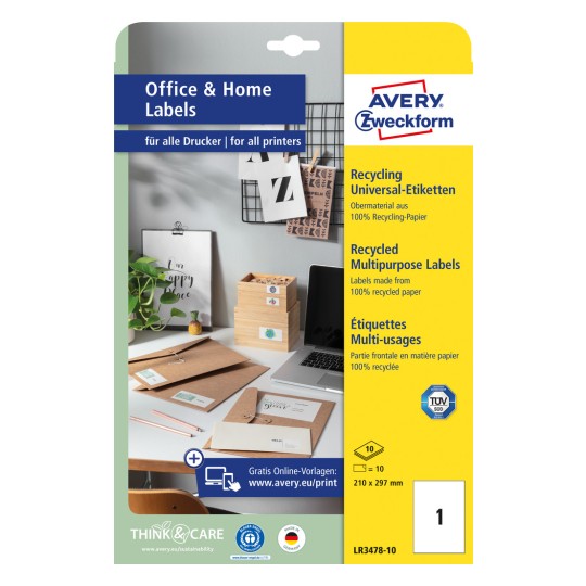 Obrazek opakowania: Avery Zweckform recyklingowe uniwersalne etykiety, artykuł: LR3478-10, format: 210 x 297 mm, przeznaczenie do druku: atramentowe, laserowe czarno-białe, laserowe kolorowe, zawartość: 10 etykiet / 10 arkuszy, 1 etykieta/arkusz.