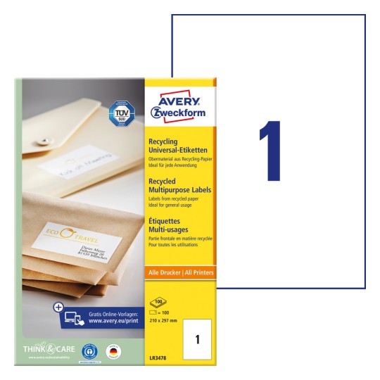 Opakowanie z arkuszem etykiet: Avery Zweckform Recyclingowe Etykiety Uniwersalne, Artykuł: LR3478, Format: 210 x 297 mm, Zastosowanie do drukarek: Inkjet, laser cz/b, kolorowy laser, Zawartość: 100 etykiet / 100 arkuszy, 1 etykieta/arkusz.