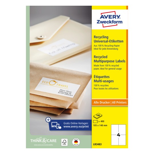 Opakowanie: Avery Zweckform Recycling Universalne Etykiety, Artykuł: LR3483, Format: 105 x 148 mm, Nadający się do druku: Inkjet, Laser czarno-biały, Kolorowy laser, Zawartość: 400 etykiet / 100 arkuszy, 4 etykiety na arkusz.