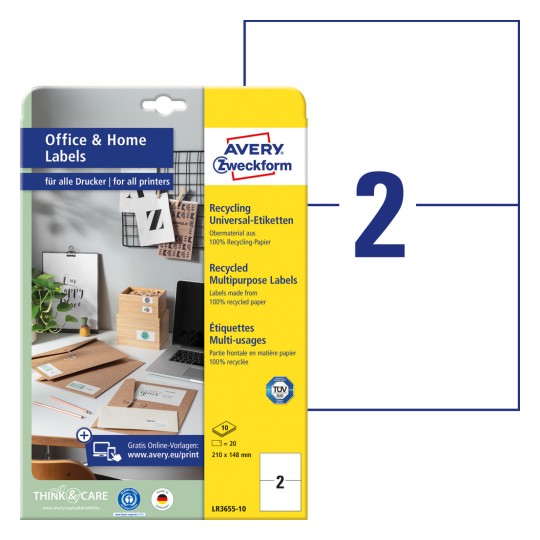 Opakowanie z arkuszem etykiet: Avery Zweckform Etykiety Recycling, Home Office, Małe opakowanie, Artykuł: LR3655-10, Format: 210 x 148 mm, Do druku: Inkjet, Laser czarno-biały, Drukarko kolorowe laserowe, Zawartość: 20 etykiet / 10 arkuszy, 2 etykiety/arkusz.
