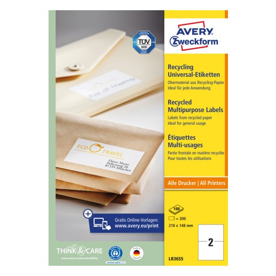 Opakowanie: Avery Zweckform Recycling Universal-Etiketten, Artykuł: LR3655, Format: 210 x 148 mm, Nadaje się do druku: Inkjet, Laser czarno-biały, Kolorowy laser, Zawartość: 200 etykiet / 100 arkuszy, 2 etykiety/arkusz.