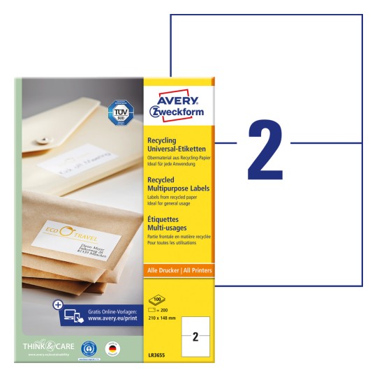 Opakowanie z arkuszem etykiet: Avery Zweckform Recycling Universal-Etiketten, artykuł: LR3655, format: 210 x 148 mm, do drukarek: atramentowych, laser s/w, kolorowych laserowych, zawartość: 200 etykiet / 100 arkuszy, 2 etykiety/arkusz.