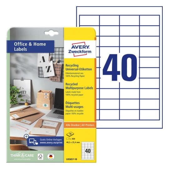 Opakowanie z arkuszem etykiet: Avery Zweckform Recycling Universal-Etiketten, numer artykułu: LR3657-10, format: 48,5 x 25,4 mm, nadaje się do drukarek: atramentowych, laserowych czarno-białych, kolorowych laserowych, zawartość: 400 etykiet / 10 arkuszy, 40 etykiet/arkusz.