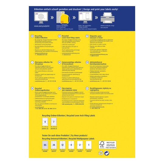 Informacyjna grafika o etykietach do recyklingu z instrukcjami w różnych językach dotyczącymi projektowania i drukowania. Zawiera obrazy etykiet, specyfikacje oraz dane kontaktowe do obsługi klienta w różnych krajach.