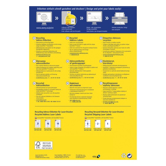 Obraz zawiera dwujęzyczne informacje o recyklingowanych etykietach adresowych, w tym instrukcje dotyczące projektowania i drukowania. Zawiera szczegóły dotyczące technologii QuickPEEL oraz różne dane kontaktowe dla obsługi klienta w wielu językach, a także kody produktów dla różnych rozmiarów etykiet.