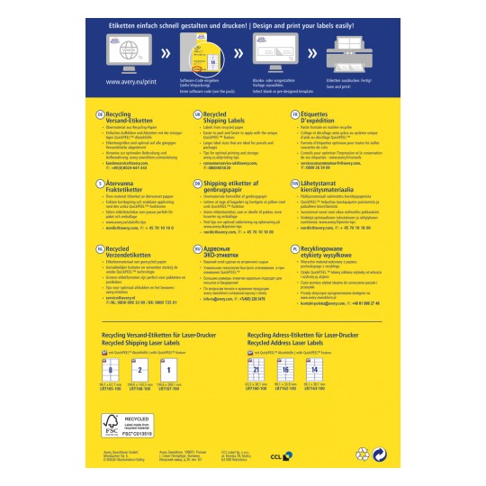 Obraz przedstawia wielojęzyczny przewodnik po etykietach recyklingowych Avery, zawierający kroki projektowania, drukowania oraz wskazówki dotyczące optymalnego wykorzystania, w tym różne formaty etykietowania i informacje w różnych językach.