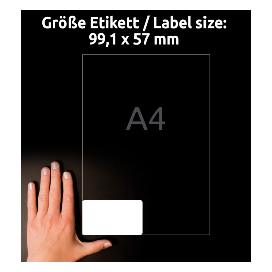 Porównanie wielkości z ręką, artykuł: LR7173-100, arkusz etykiet adresowych z recyklingu, format: 99,1 x 57 mm, kolor: naturalna biel.