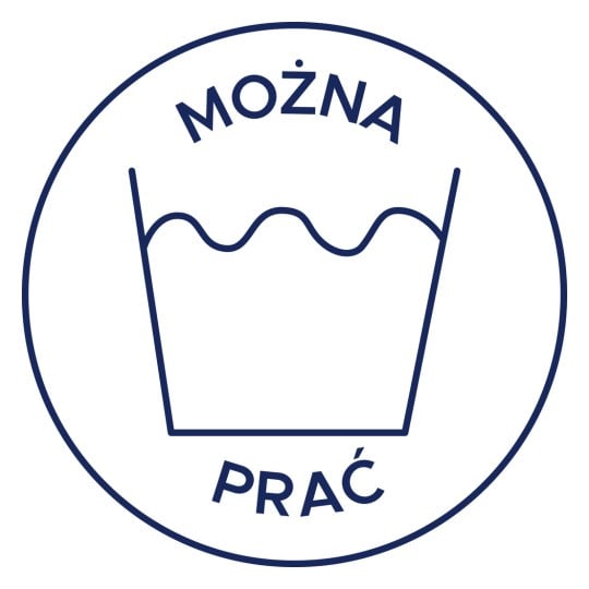 Obraz przedstawia symbol wskazujący, że przedmiot można prać, z wyrazem 'MOŻNA' powyżej i 'PRAC' poniżej narysowanego pojemnika na wodę.
