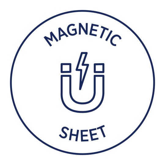 Obraz przedstawia okrągły wzór z napisem 'MAGNETIC SHEET' i ilustracją magnesu w kształcie litery U z błyskawicą pośrodku.