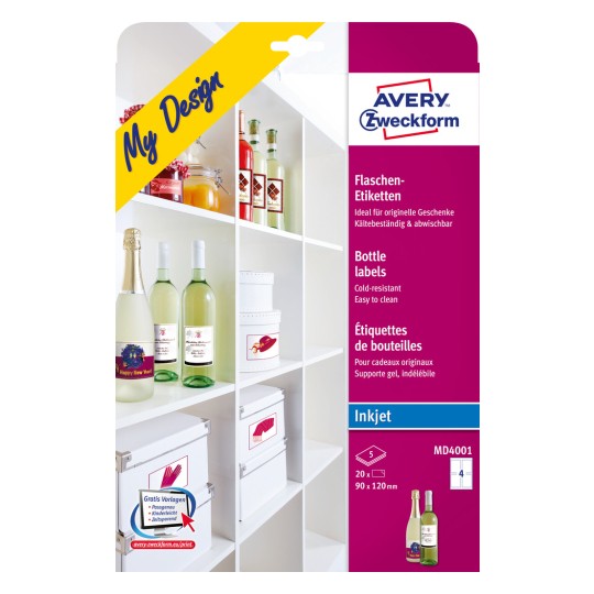 Opakowanie: etykiety na butelki Avery Zweckform, artykuł: MD4001, format: 90 x 120 mm, nadające się do druku: atramentowego, zawartość: 20 etykiet / 5 arkuszy, 4 etykiety/arkusz.