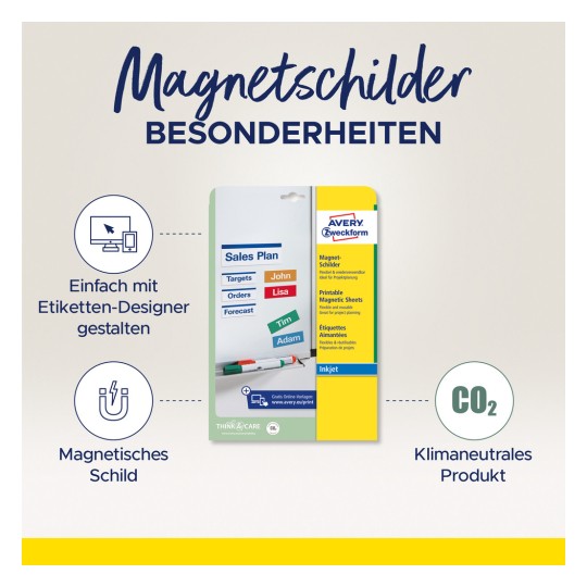 Obraz przedstawia opakowanie produktu z arkuszami magnetycznymi od Avery Zweckform, podkreślając funkcje takie jak łatwe projektowanie za pomocą narzędzia online, arkusze magnetyczne do tworzenia znaków i wzmianki o neutralności klimatycznej.