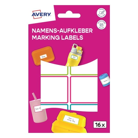 Opakowanie: Avery, Artykuł: NAME16C, Format: 34 x 48 mm, Zawartość: 16 etykiet / 2 arkusze, 8 etykiet/rolka?