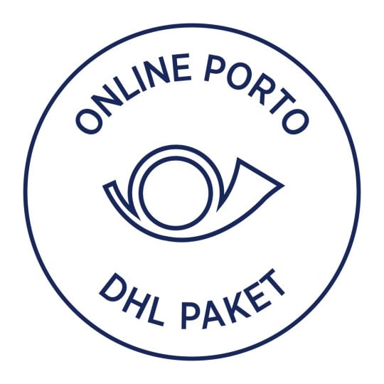 Obraz przedstawia okrągłe logo lub pieczęć z napisem „ONLINE PORTO” u góry i „DHL PAKET” na dole, z grafiką przypominającą oko w środku.
