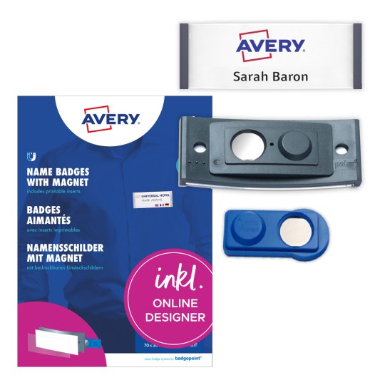 Opakowanie z arkuszem etykiet: Avery Zweckform, Artykuł: POL30MA02-20DR, Magnetyczne identyfikatory, Format: 70 x 30 mm, Nadaje się do druku: drukarki laserowe kolorowe, laser czarno-biały, atramentowe, Zawartość: 20 identyfikatorów / 90 wkładów / 5 arkuszy, 18 kart/arkusz.