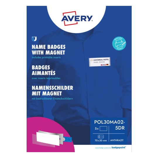 Opakowanie: Avery Zweckform, Artykuł: POL30MA02-5DR, Format: 70 x 30 mm, Przeznaczenie do druku: laser kolorowy, laser czarno-biały, atramentowy, Zawartość: 5 tabliczek / 18 wkładek / 1 arkusz, /arkusz?