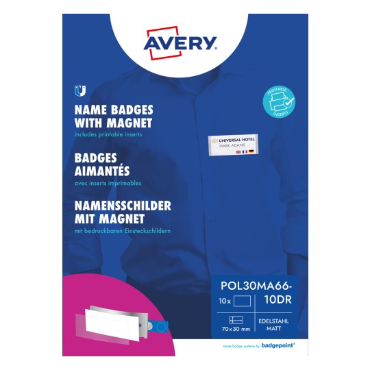 Obrazek opakowania: Avery Zweckform, Artykuł: POL30MA66-10DR, Format: 70 x 30 mm, Zastosowanie do drukarki: kolorowe lasery, lasery czarno-białe, atramentowe, Zawartość: 10 tabliczek / 36 wsuwek / 2 arkusze, /arkusz?