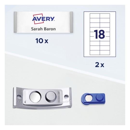 Obraz przedstawia etykietę dla produktów Avery, w tym nazwę i ilość, wraz z dwoma innymi przedmiotami, które prawdopodobnie są związane z narzędziami do etykietowania, w tym metalowym przedmiotem i niebieskim narzędziem.