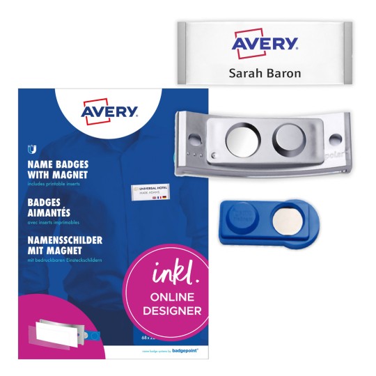 Opakowanie z arkuszem etykiet: Avery Zweckform, produkt: POL30MA66-5DR, magnetyczne identyfikatory, format: 70 x 30 mm, odpowiednie do drukarek: laser kolorowy, laser czarno-biały, atramentowy, zawartość: 5 identyfikatorów / 18 wsuwek / 1 arkusz, 18 kart/arkusz?
