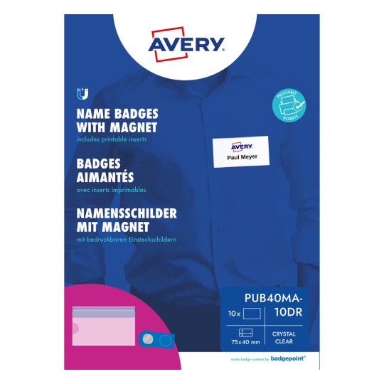 Opakowanie Avery przedstawiające magnetyczne identyfikatory imienne na niebieskiej koszuli z przykładowym identyfikatorem?