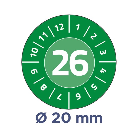 Obraz przedstawia okrągłą tarczę oznaczoną numerami od 1 do 12, z numerem 26 wyraźnie widocznym na środku. Poniżej tarczy znajduje się adnotacja wskazująca średnicę 20 mm, umieszczona na zielonym tle.