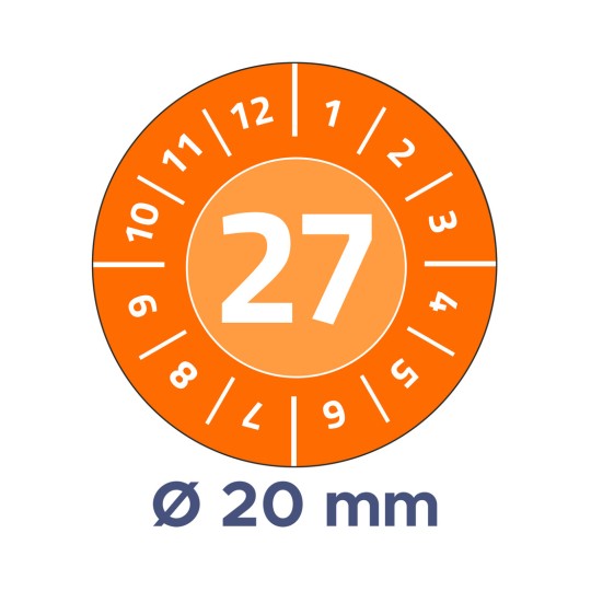 Obraz przedstawia okrągły wskaźnik mierzący wartość 27 z otaczającymi go liczbami od 1 do 12 i od 6 do 10 oraz średnicą 20 mm poniżej.