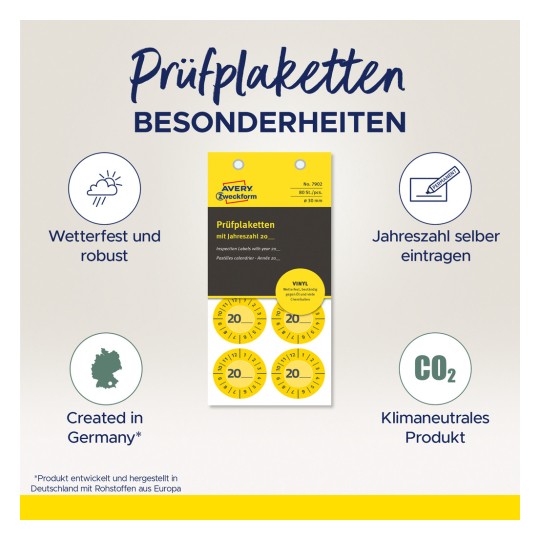 Obraz przedstawia produkt o nazwie „Prüfplaketten” marki Avery Zweckform, który zawiera wodoodporne etykiety inspekcyjne z miejscem na wpisanie roku, zaprojektowane w Niemczech. Produkt podkreśla swoją solidność, neutralność klimatyczną i wszechstronność.