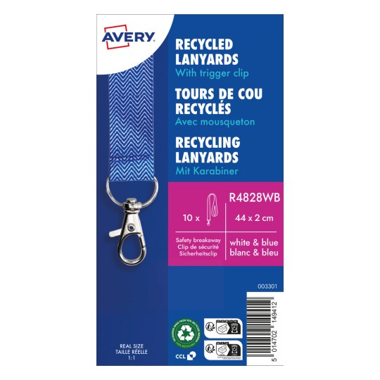 Ten obraz przedstawia etykietę opakowania na smycze recyklingowe firmy Avery, z niebiesko-białym projektem, klipsem zatrzaskowym, symbolami recyklingu oraz szczegółami produktu.