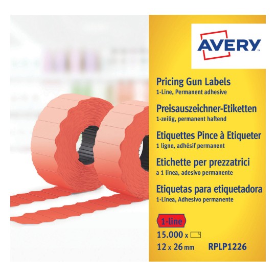 Opakowanie: Avery Zweckform Etykiety, Artykuł: RPLP1226, Format: 26 x 12 mm, Zawartość: 15.000 etykiet / 10 rolek, 1.500 etykiet/rolka.