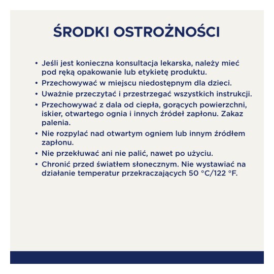 Obraz zawiera środki ostrożności w języku polskim, ostrzeżenie o konieczności skonsultowania się z lekarzem, instrukcje dotyczące przechowywania i wytyczne dotyczące obsługi produktu.